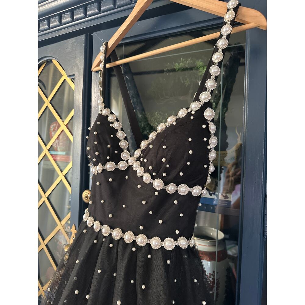 Mac Duggal Black Midi Dress with Pearl Embellishments - Picture 9 of 10